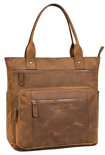 STILORD Bonnie Große Handtasche Damen Leder-Shopper mit vielen Fächern Laptop bis 15,6 Zoll Stylishe Umhängetasche für City Uni Büro Tote Bag Henkeltasche Echtleder Farbe:tan - Dunkelbraun