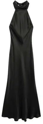 DAQIFCBO klänning lång satin halterneck klänning för kvinnor, rygglös fluga, rygg, kvinnliga klänningar, sexigt mode, svart, XS