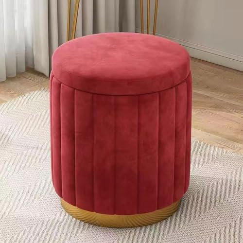 Luxuriöser Samthocker mit Stauraum für Schlafzimmer, Wohnzimmer, runder Ottomane mit extra weicher Polsterung, kleine Größe (33 x 43,2 cm) und Staufach, rot, ideal für zusätzliche Sitzgelegenheiten in
