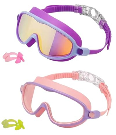 Children's Swimming Goggles Large Field of View UV Swimming Goggles Anti-Fog No Leaks with Nose Clip Eye Protection for Girls Swimming Diving Snorkelling