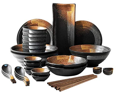 GIQKDZNUO Service de Table en céramique, Style Japonais, 32 pièces, Assiettes et Bols, Service de Table en Porcelaine Mate avec Assiette à Sushi, Compatible Micro-Ondes.