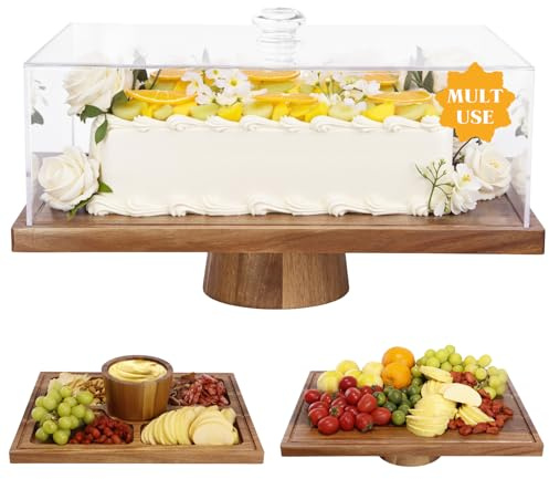 Soporte para tartas de madera de acacia con tapa, rectangular, 2 en 1 y pantalla de postre, cubierta de cúpula acrílica irrompible (13 cm de alto), plato de embutidos para queso, fruta y aperitivos