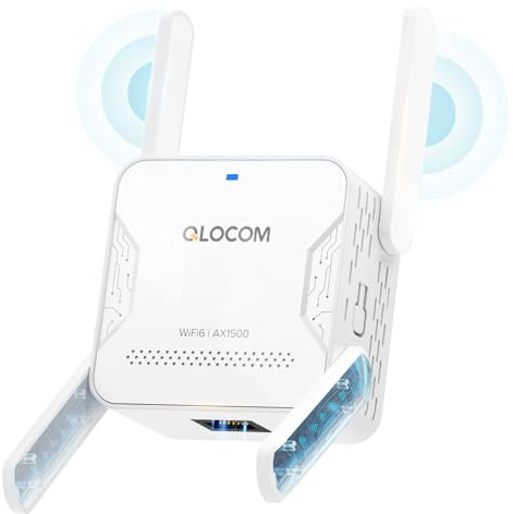 QLOCOM 2026 Nouveau WiFi 6 Répéteur WiFi Puissant, AX1500 Amplificateur de Signal WiFi Double Bande 5GHz/2.4GHz, 1 Port Ethernet, Compatible avec Toutes Les Box Internet (White)
