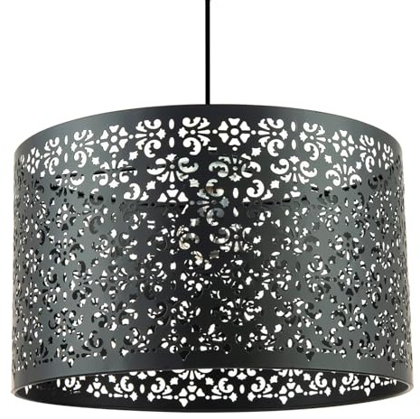 Unique Moroccan Designed Large Matte Black Metal Circular Pendant Light Shade with Laser Cut Floral Decor | 40cm Diameter by Happy Homewares