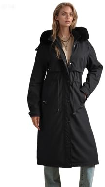 Giolshon Women's Longline Parka with Faux Fur Hood, Drawstring Waist & Functional Pockets