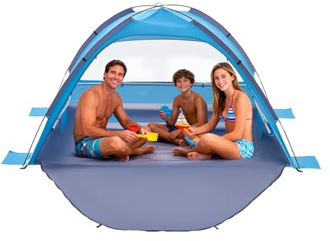 VEVOR Tente de Plage pour 3 Personnes, Abri de Plage Anti UV UPF 50+, Tente Portable Pare-Soleil avec Sac de Transport et Piquets, pour Famille, Camping, Pêche et Pique-niques, Structure Légère, Bleu