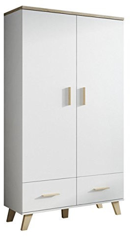 Drehtürenschrank Lotta II mit Zwei Schubladen, Kleiderschrank im skandinavischen Stil, Elegantes Schlafzimmer Schrank, Jugendzimmer, Wohnzimmer (Brilliant Weiß + Eiche Sonoma)