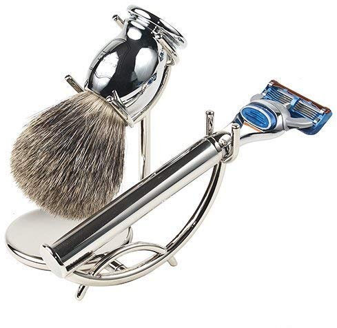 Parker Safety Razor luxuriösen 3-teiliges Shave Set mit Edelstahl-Fusion unterstützten Rasierergriff, Premium-Reiner Badger Brush & Deluxe Ständer