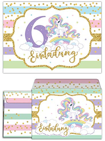 Junaversum 12 Einladungskarten incl. 12 Umschläge zum 6. Kindergeburtstag Mädchen Einhorn Regenbogen Einladungen sechste Geburtstag