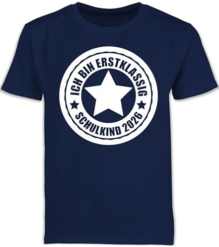 Kinder T-Shirt Jungen Schulanfang - Einschulung Junge - Ich Bin erstklassig - Schulkind 2026-128 (7/8 Jahre) - Navy Blau - Schulstart 2022 Tshirt Outfit 1.Schultag schulanfänger 1.klasse