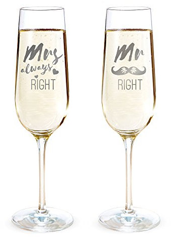 AMAVEL Set 2 Calici da Spumante con Incisione Mr Right & Mrs Always Right, Bicchieri per Coppie, Flute da Champagne, Decorazioni Nozze, Accessori Casa