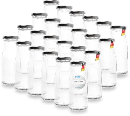 24 Leere Flaschen, kleine Glasflaschen 150 ml in Weiß TO43 mit silbernem Verschluss – Ideal zum Befüllen von Milchflaschen, Saftflaschen, oder als Deko-Vase, inklusive Etiketten