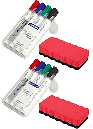 Staedtler 351 WP4 Lumocolor Whiteboardmarker, 4 Stück in aufstellbarer Box mit Löscher (Stifte + Löscher Rot, 2)