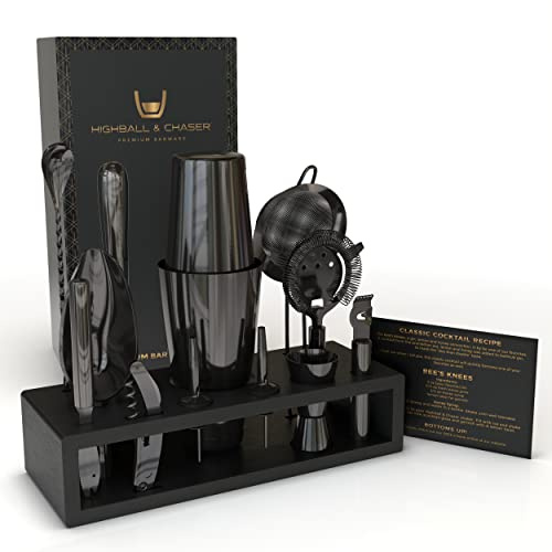 Highball & Chaser Kit de barman de alta calidad con soporte de bambú espresso y coctelera con barra de herramientas de la más alta calidad acabado metálico kit de coctelera Boston Shaker con soporte