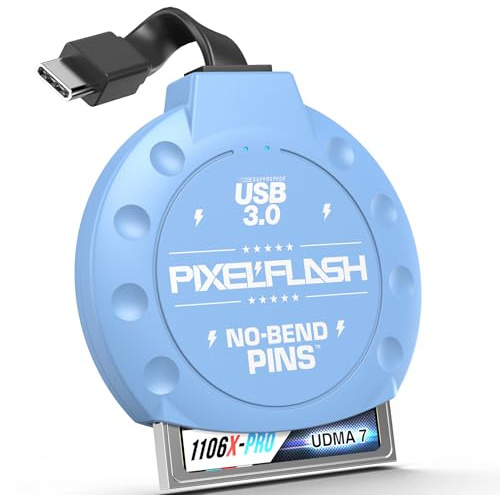 PixelFlash Lector de tarjetas CF USB C (azul) – Lector de tarjetas de memoria flash compacto con cable tipo C USB 3.1, transferencia de archivos de 5 GB/s, tecnología de pines sin doblar, compatible