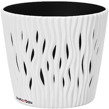 KOTARBAU® Macetero con inserto interior 130x115 mm, Macetero blanco 3D, Diseño ondulado con agujeros decorativos, Macetero redondo con maceta interior, Tiesto para flores y plantas, Maceta de plástico