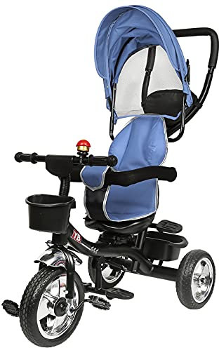 HUOLE Dreirad 4in1 Kinderdreirad mit Schubstange Lenksystem Stange ab 1 Jahr, Jogger vorwärts und Rückwärtsfahrt,Korb Tasche Getränkehalter Sonnendach Gummiräder Buggy Fahrrad Baby Klappbar Blau