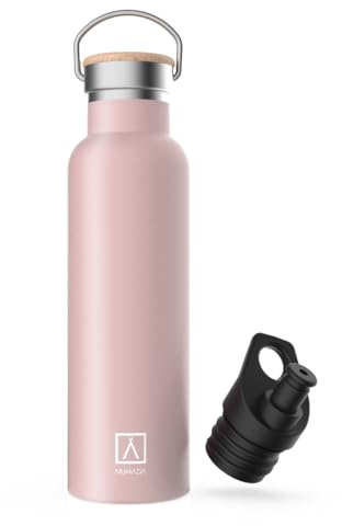 NuMADA-Isolierflaschen aus Edelstahl, 600 ml, mit doppelter Vakuumwand und Keramikbeschichtung. Hält kalt 24 H und warm 12 H, breite Öffnung, BPA-frei, inkl. 2 Stück (1 Sport) / Transporttasche, Rosa,