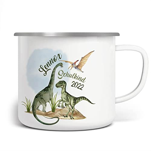 miKalino Emaille Tasse Schulkind - Trinkbecher Kinder personalisiert - Emaille Becher mit Dino-Motiv - Kindertasse mit Name & Jahr - Kindertasse bedruckt - Emaille Becher Weiß