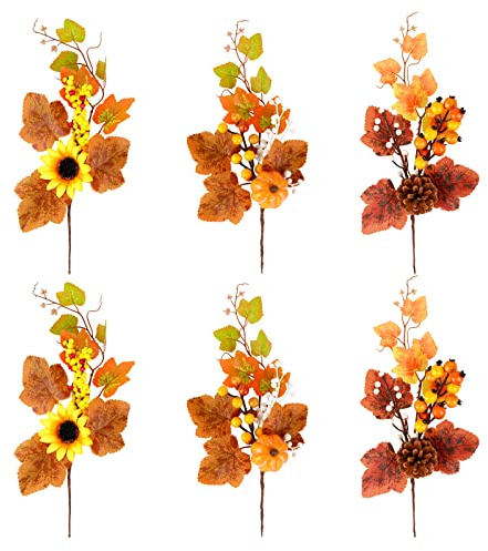 6 ramas de hojas de arce artificiales, decoración de ramo de flores artificiales de otoño para jarrones, calabazas falsas de piña, adorno para cosecha, Acción de Gracias, decoración de mesa del hogar