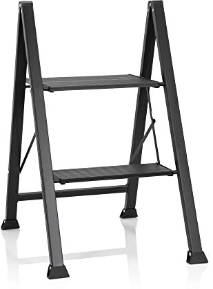 hjh OFFICE 801204 Scala pieghevole 2 gradini SOLID W5 Scala a gradini in acciaio, portata fino a 150 kg, gradino pieghevole, nero