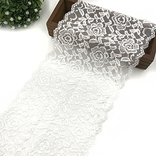 3 Yards 18cm Breite Bunte Elastizität Spitzenbordüre Spitzenband,Rose Blumen Muster Spitzenborte Dekoband Zierspitze Zierband Spitzenstoff zum Nähen DIY Basteln Kleidung Unterwäsche Deko,Creme
