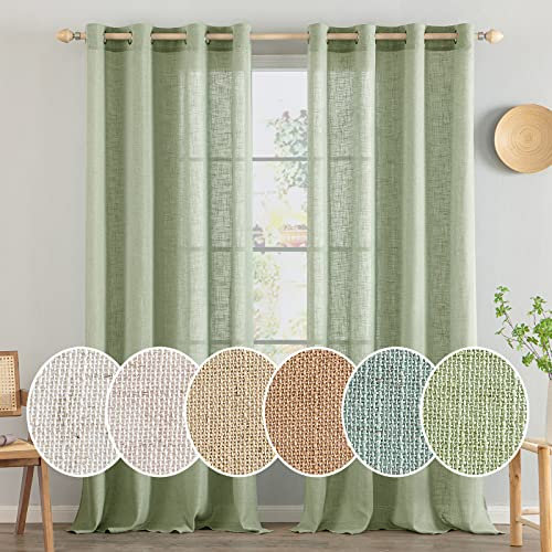 MIULEE Gardinen Vorhänge mit ösen Voile Vorhang kurz Modern Leinenoptik Halbtransparent Ösenvorhang für Wohnzimmer Kinderzimmer Raumteiler 2er Set Grün 225x140 cm