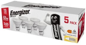 Energizer GU10 LED Bulbs Warm White 3000K Light Bulb Pack of 5 – 50W Halogen Spotlight Bulb Equivalent – 345LM Energy Saving GU10 Non Dimmable LED Bulbs | 345-lumen non-dimmable GU10 spotlight bulbs for kitchen, bathroom and ceiling lighting, with energy-saving LED technology.