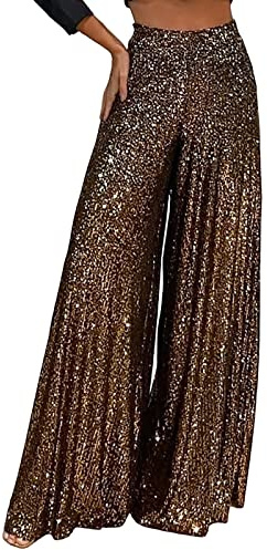 DeaAmyGline Pailletten Hose Damen High Waist - Weite Hose Damen Glitzer Hose Damen Elegant Haremshose Schlaghose Hochzeit Party Streetwear Freizeithose Weites Bein Lose Festliche Lange Hosen Frauen