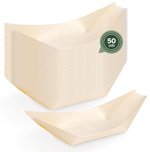 Horeca Collection MAXI PRODUCTS - Cuencos Desechable Madera - Cuencos Catering Aperitivos Desechable - Cuenco Cocktail - Barquillas Madera - PRÁCTICO Y APILABLE (24,5 x 12 x 2,5 cm, 50 unidades)