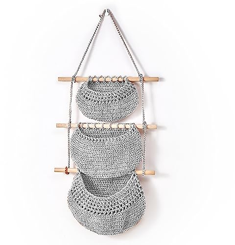 3 Tier Hanging Storage Baskets, Wall Mount Hanging Storage Organiser Bag, Bohemia Hanging Fruit Basket, Over the Door Basket, Storage Solution for Kitchen Bedroom, Bathroom, Living Room (Gray)