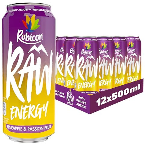 Rubicon RAW 12 Pack Pineapple & Passion 500ml Energy Drink, 20% Real Fruit Juice, High caffeine with B-Vitamins, Ginseng & Guarana, No Artificial Colours or Flavours, Reduce Tiredness & Boost Energy