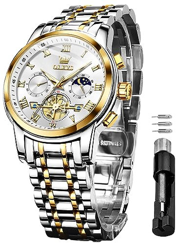 OLEVS Herrenuhren Weiß Edelstahlarmband Quarz Uhr Männer mit Römischen Zahlen Mondphase Wasserdicht Leuchtende Klassische Elegantes Armbanduhr Geschenk Sale Marken