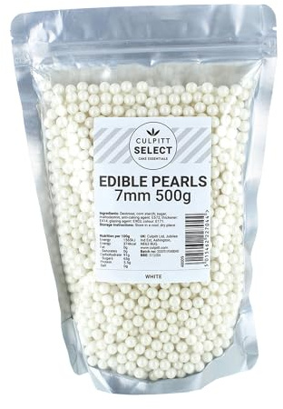 Culpitt Select White Pearls | 7mm | Edible Cake Decorations - 500g | Edible Pearls For Cake Decorating - For Cakes, Cupcakes, Ice Cream, and Desserts - Sugar Beads - Sprinkles - Re-Sealable