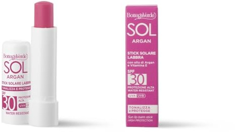 Bottega Verde - SOL Argan, Stick Labbra Solare, 5ml, SPF 30, Arricchito con Olio di Argan e Vitamina E, Senza Siliconi, Resistente all'Acqua, Idrata, Protegge e Tonalizza Delicatamente, Colore Rosa