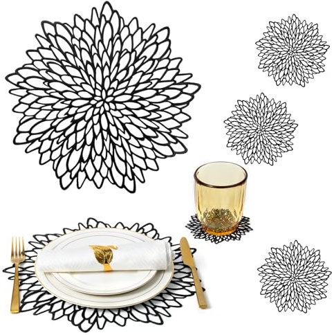 Table Placemats Set of 8 Black Placemats Charger Plates Place Mats & 8 Pcs Coasters Modern Holiday Wipeable Round Vinyl Placemats Kitchen Farmhouse Christmas Wedding Dinner Dining Table Decor Setting