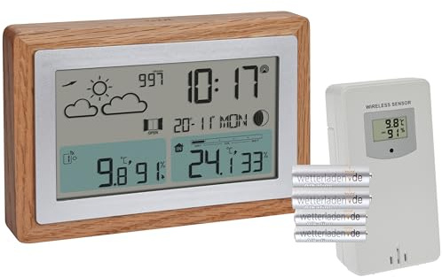 TFA Dostmann Funk-Wetterstation mit Außensensor OAK, 35.1167 Wettervorhersage, mit Holz-Rahmen, Innen- Außentemperatur, mit Lüftungsempfehlung, dimmbar, Funkuhr, Wecker, digital, braun mit Batterien