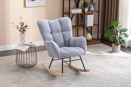 Schaukelstuhl Schwingsessel Relaxstuhl Sessel Stuhl Wohnzimmersessel Akzentstuhl Armlehnen, Teddy Plüsch Stoff Schaukelsessel fürs Wohnzimmer Schlafzimmer Balkon, Belastbarkeit bis 110 kg (Grau)