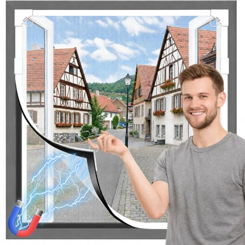 Moustiquaire Fenetre Magnetique,Convient Aux Dimensions Inférieures à 130 x 150 cm., Cadre Blanc et Mesh Grise, Moustiquaire Magnétique Recoupable, Facile à Poser Sans Outils