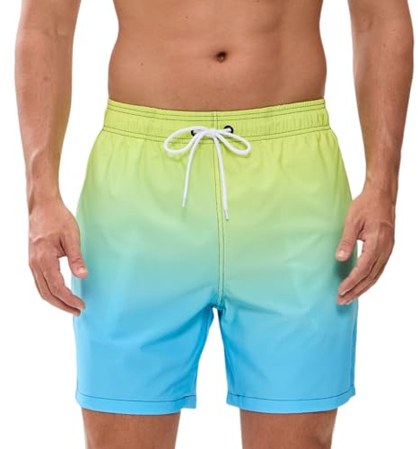 Maillot de Bain Homme Étanche Short de Bain Séchage Rapide, Poches Zippée Invisible et Doublure en Maille Mode d'été Dégradé Couleur Maillots de Bain L Vert Bleu
