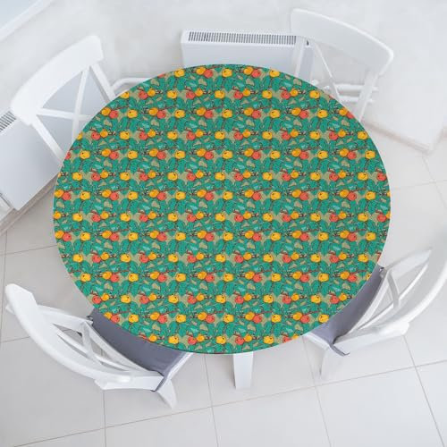 ABAKUHAUS Sommer Elastisches Rundtischtuch, Apfelbaum-Frucht-Blätter Kunst, Rundum-elastische Stofftischdecke, 100 cm - 110 cm, Türkis und Mehrfarbig