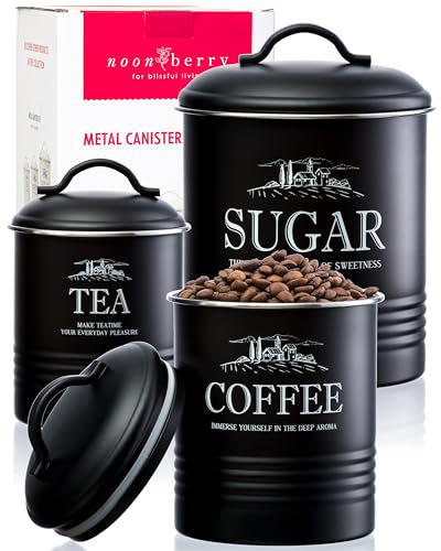 noonberry Juego de 3 recipientes herméticos para cocina, color negro mate para encimera, juego de recipientes herméticos para café, té, azúcar, juegos de recipientes rústicos para la cocina