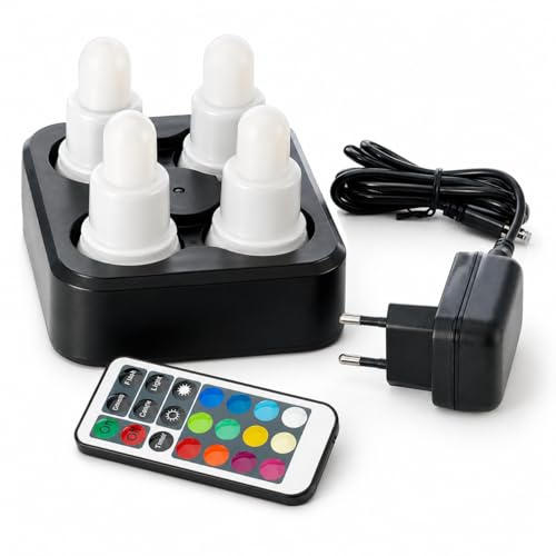 ReWu Duni Lot de 4 LED – Blanc chaud & multicolore rechargeable avec station de charge et télécommande Éclairage LED Lampes de table Bougies LED alternatives
