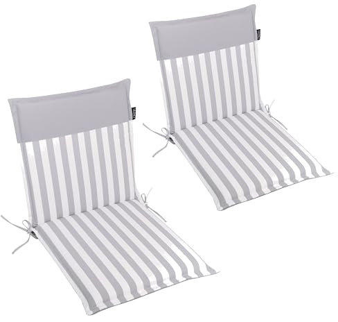 LILENO HOME Malta - Cuscini per sedia da giardino, in set da 2, per sdraio con schienale basso, comodi cuscini per sedie pieghevoli, a righe/tinta unita, grigio chiaro