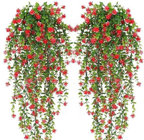 Artificial Hanging Flowers, 2 Pcs Hanging Plants Flower Bouquet, Red