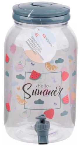 Beverage Drinks Dispenser with Tap Handle 4L Plastic Mason Jar Juice Cocktails Punch Squash Water Soft Drinks Storage for Parties Outdoor Picnic Summer BBQ’s Home (Grey (Hello Summer))