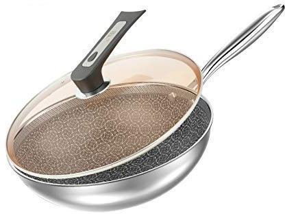 Olla para cocinar, sartén, sartén Wok Acero Inoxidable, Antiadherente, sin Humo, con Tapa, para cocinas inducción, Estufas Gas, ollas Planas 32 cm