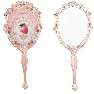Flower Knows Espejo de mano rococó de fresa, rosa suave, marco dorado, 8.6 pulgadas de largo x 3.9 pulgadas de ancho, soporte de mesa, espejo estético de princesa, perfecto para retoques y viajes