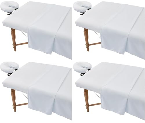 OAEUQ Set med 4 massagebäddar mjuka, mikrofiber och återanvändbara 3-delat massagelakan inkluderar överkast, lakan och ansiktsstöd (vit)