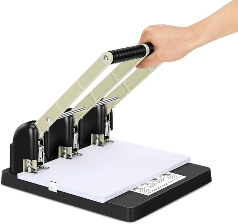 Heavy Duty 3 Hole Paper Punch,150 Sheet Capacity,Ergonomic Handle, Large Capacity Tray and Durable Metal, for Office, Home & Print Shop Use,Replaceable Cutter Head